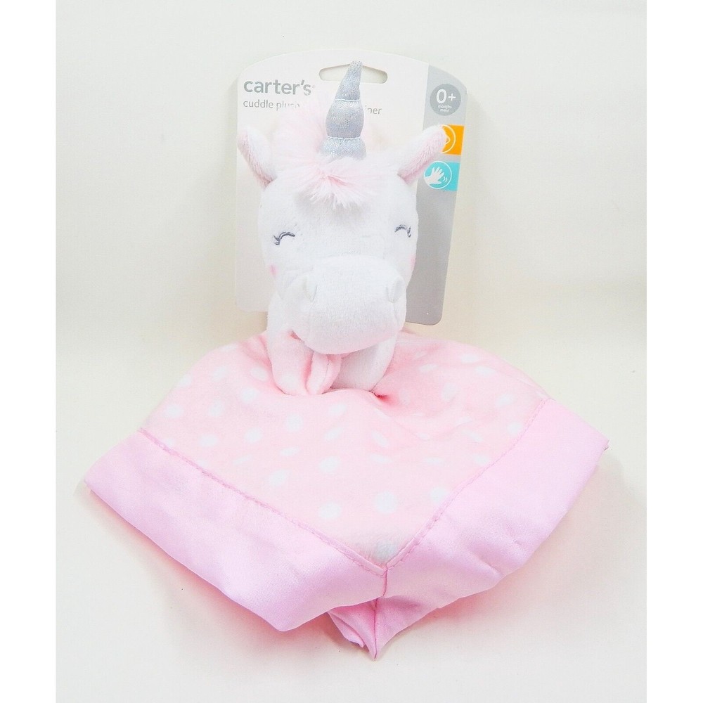 Carters Cuddle Plush Unicorn Baby Security Blanket Lovey Pink White Satin Edge